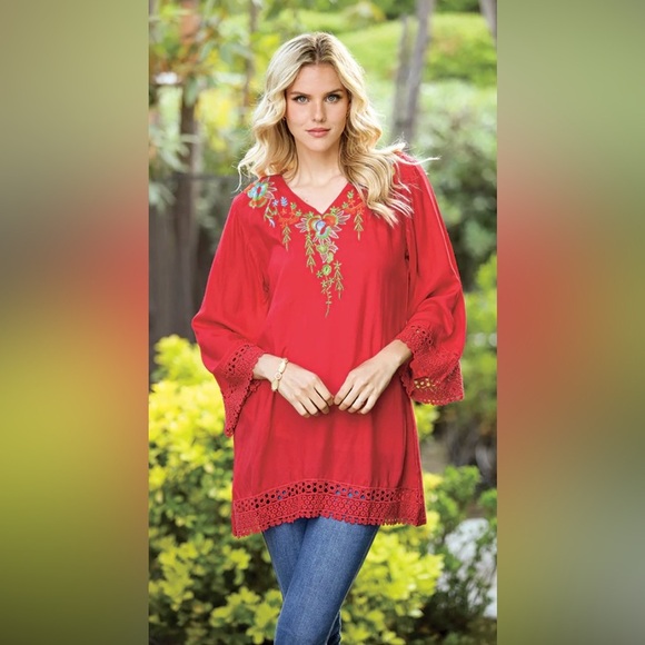 Tops - Ladies Tunic Red LARGE Boho Embroidered NWT